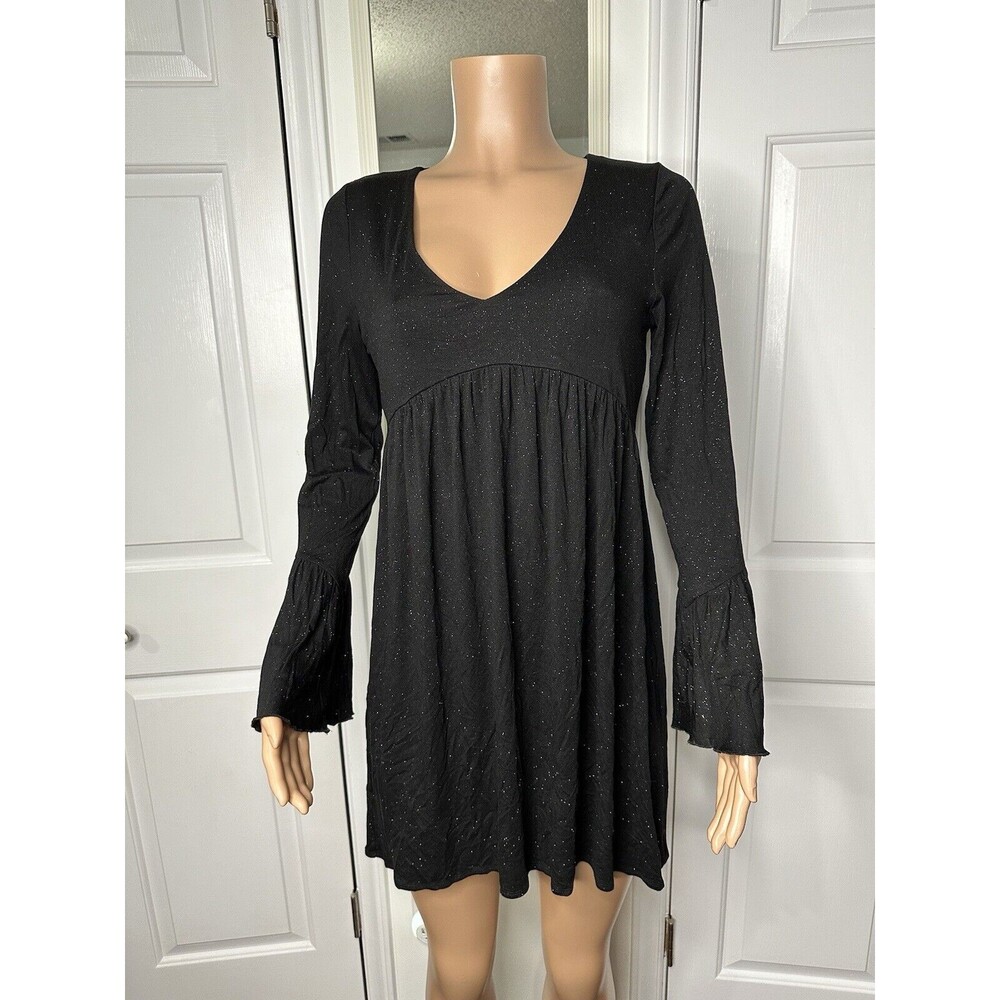 Chaser Black Glittery Goth Boho Black Baby Doll Dress Flared Sleeve  Medium NWT